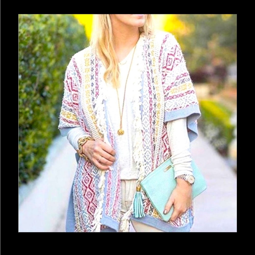 CAbi Pastel Multi-Stripe Open Knit Poncho with Light Blue Trim